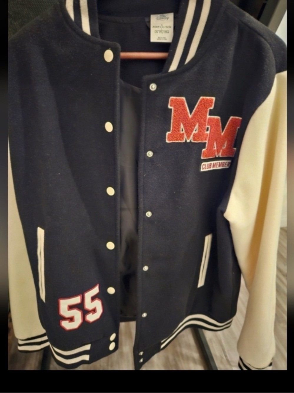 Men's Navy and Cream Varsity Letterman Jacket with Red Appliqué